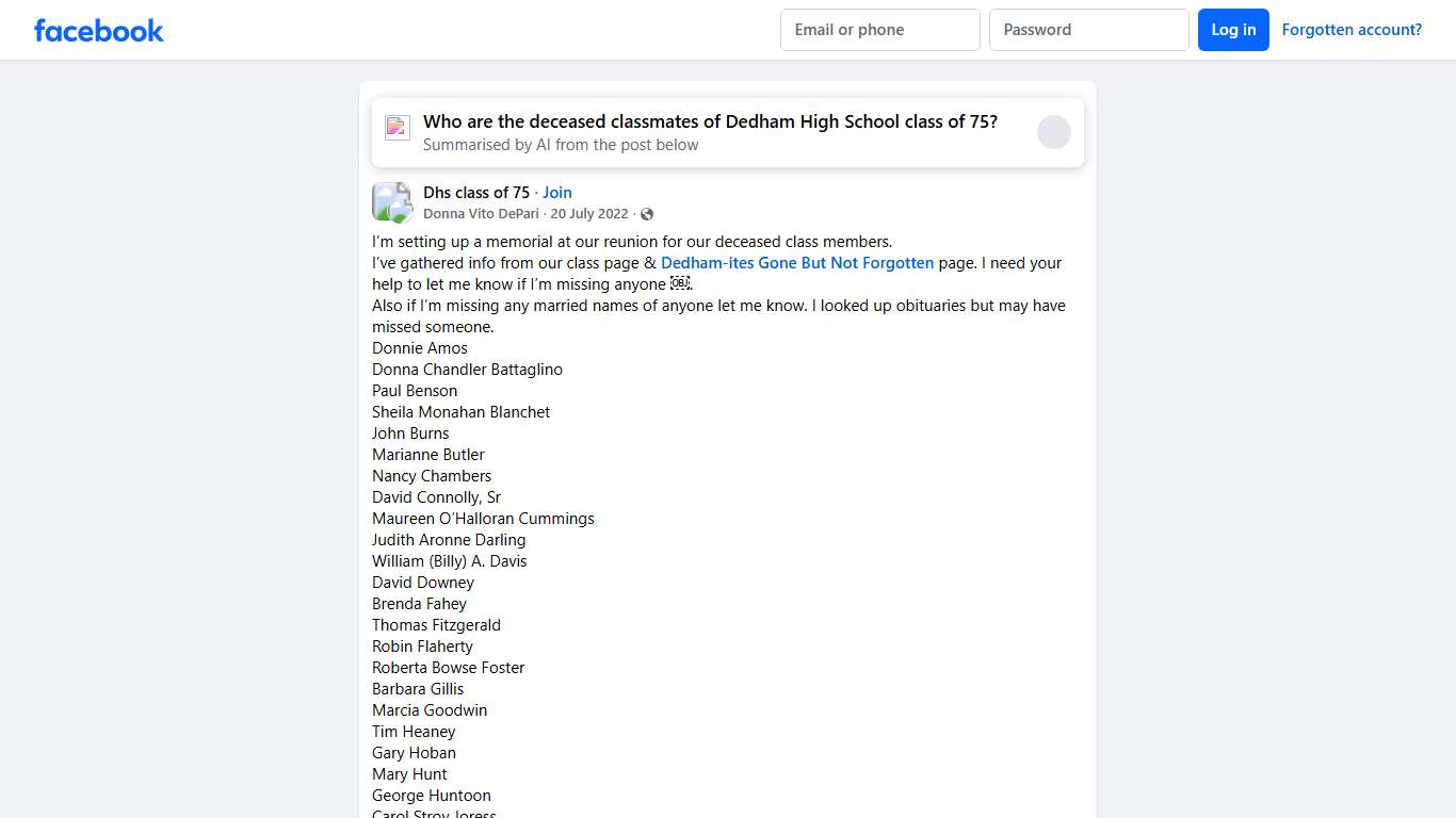 Dhs class of 75 | I’m setting up a memorial at our reunion for our deceased class members | Facebook