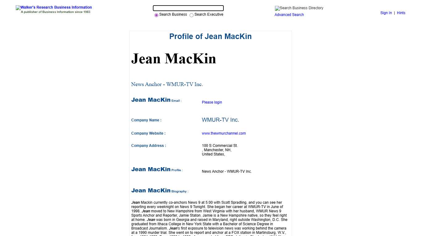 Jean MacKin, News Anchor, WMUR-TV Inc.