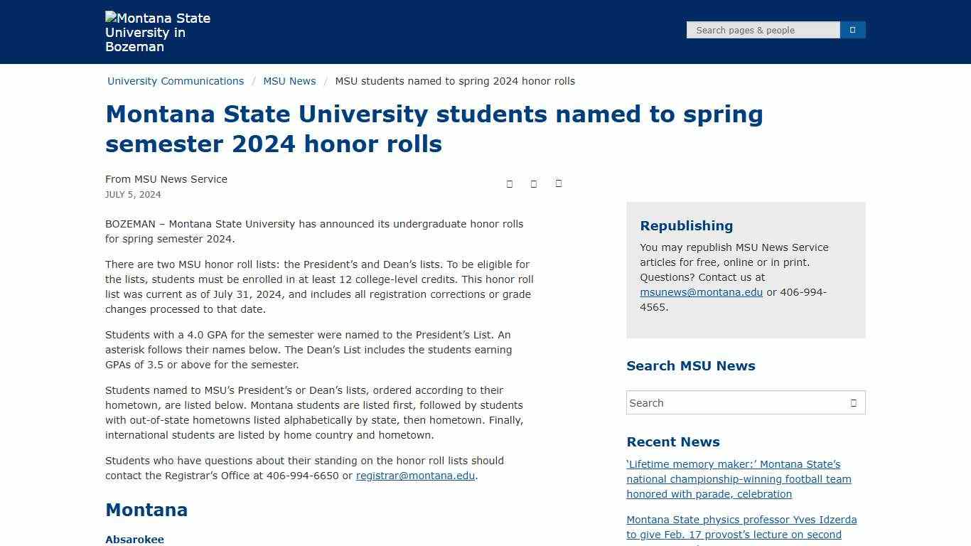 Montana State University students named to spring semester 2024 honor rolls